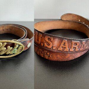 vintage 70s belt brown tooled leather U.S. ARMY cold steel brass CHRIS buckle XL